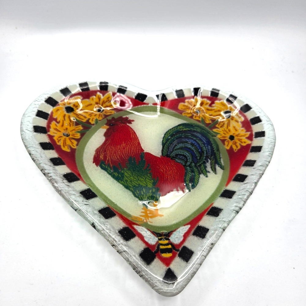 PEGGY KARR Heart Shaped Fused Art Glass ROOSTER DISH With Checkerboard 10"